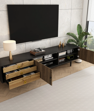 TV-Meubel 180 cm – Lowboard met Golfpatroon Deuren en 3 Lades, Hout/Zwart