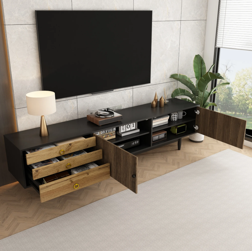 TV-Meubel 180 cm – Lowboard met Golfpatroon Deuren en 3 Lades, Hout/Zwart