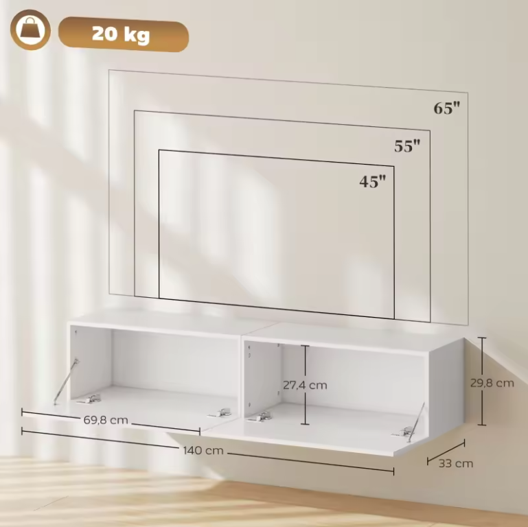 Wandgemonteerd TV-Meubel 140 cm – Zwevend Lowboard met Opbergruimte