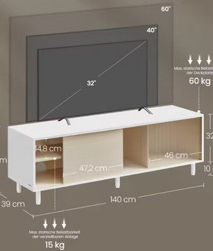 TV-Meubel 140 cm – Modern Lowboard met Glasdeuren en Toolless Montage