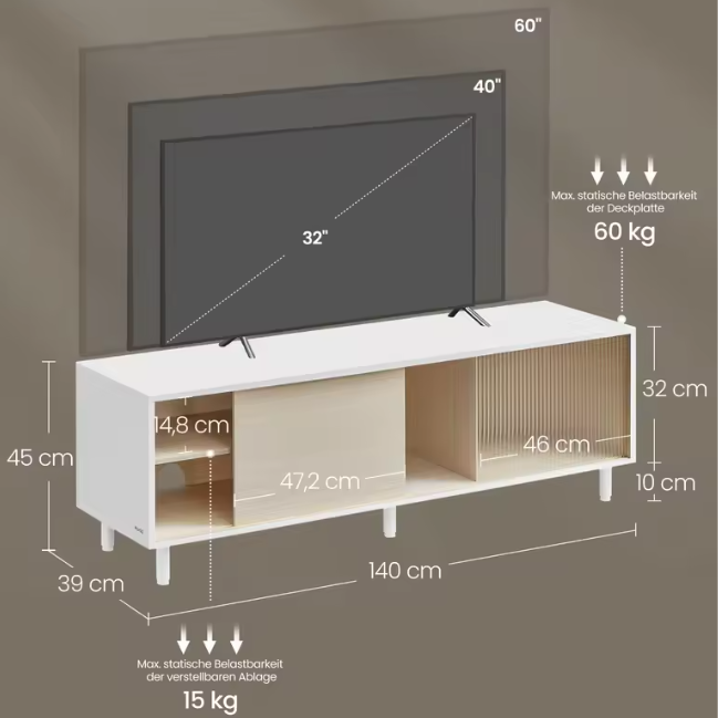 TV-Meubel 140 cm – Modern Lowboard met Glasdeuren en Toolless Montage
