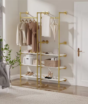 Industriële Wandkapstok met 3 Planken – Goud en Wit Open Kledingrek