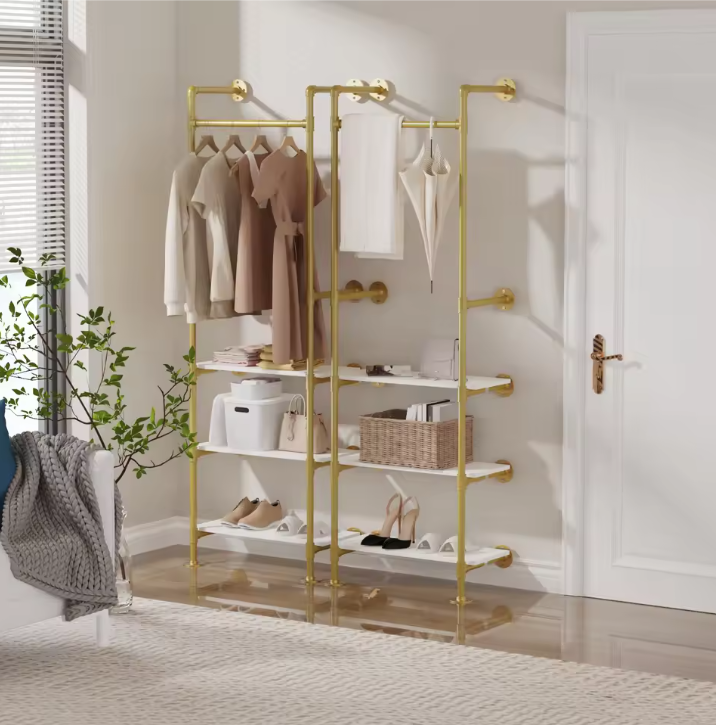 Industriële Wandkapstok met 3 Planken – Goud en Wit Open Kledingrek