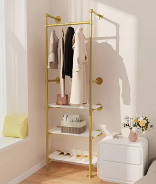 Industriële Wandkapstok met 3 Planken – Goud en Wit Open Kledingrek