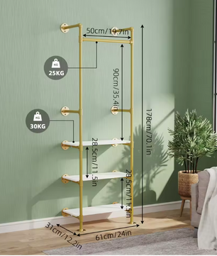Industriële Wandkapstok met 3 Planken – Goud en Wit Open Kledingrek