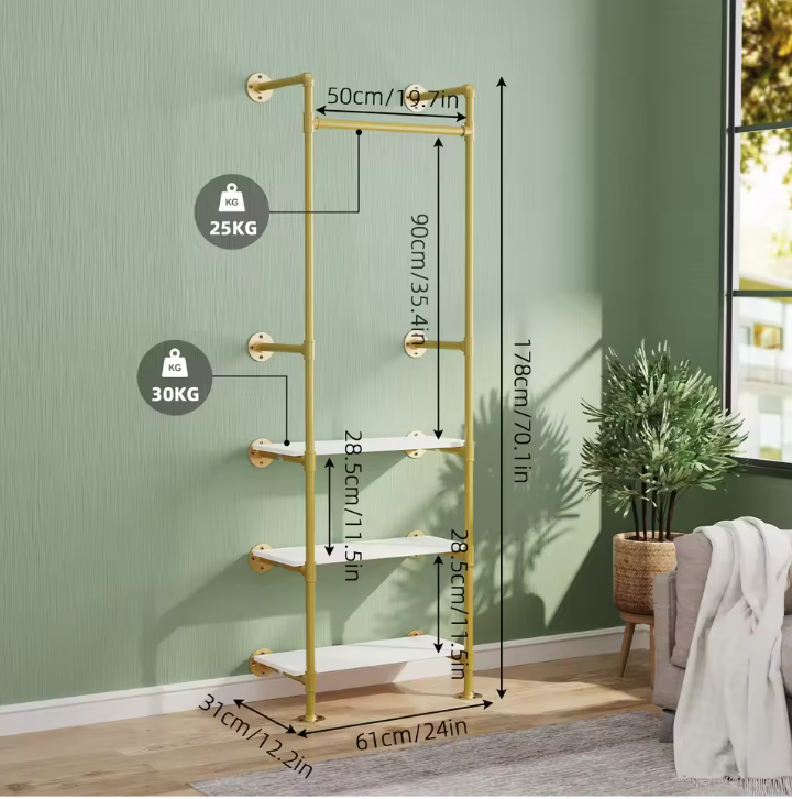 Industriële Wandkapstok met 3 Planken – Goud en Wit Open Kledingrek