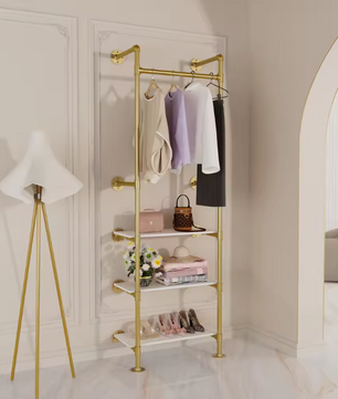 Industriële Wandkapstok met 3 Planken – Goud en Wit Open Kledingrek