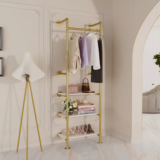 Industriële Wandkapstok met 3 Planken – Goud en Wit Open Kledingrek