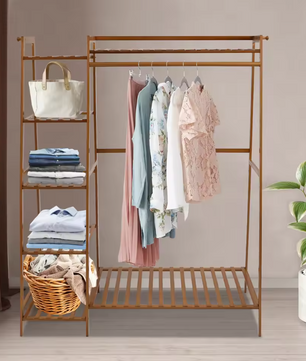 Bamboe Kledingrek met Opbergplanken – Open Wardrobe 110×40×140 cm