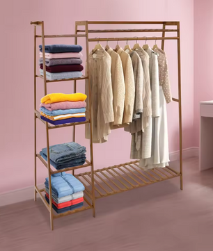 Bamboe Kledingrek met Opbergplanken – Open Wardrobe 110×40×140 cm