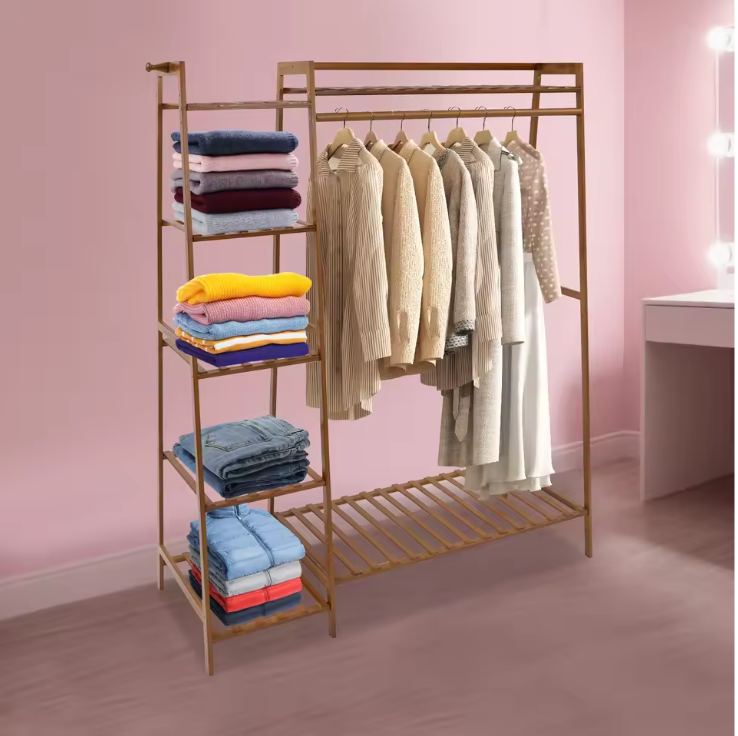 Bamboe Kledingrek met Opbergplanken – Open Wardrobe 110×40×140 cm