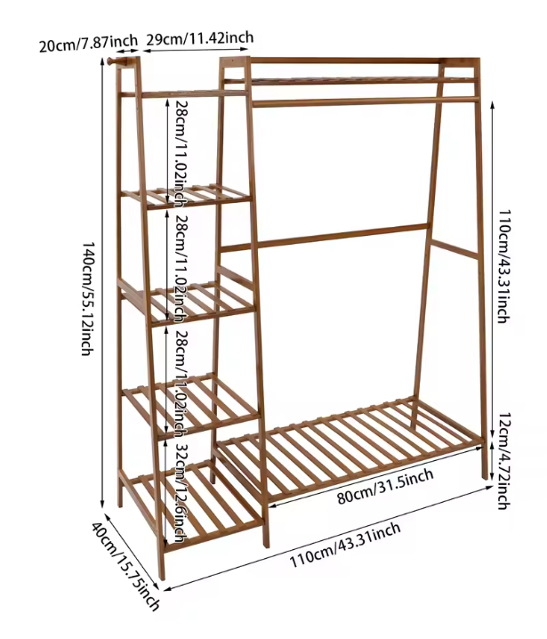 Bamboe Kledingrek met Opbergplanken – Open Wardrobe 110×40×140 cm