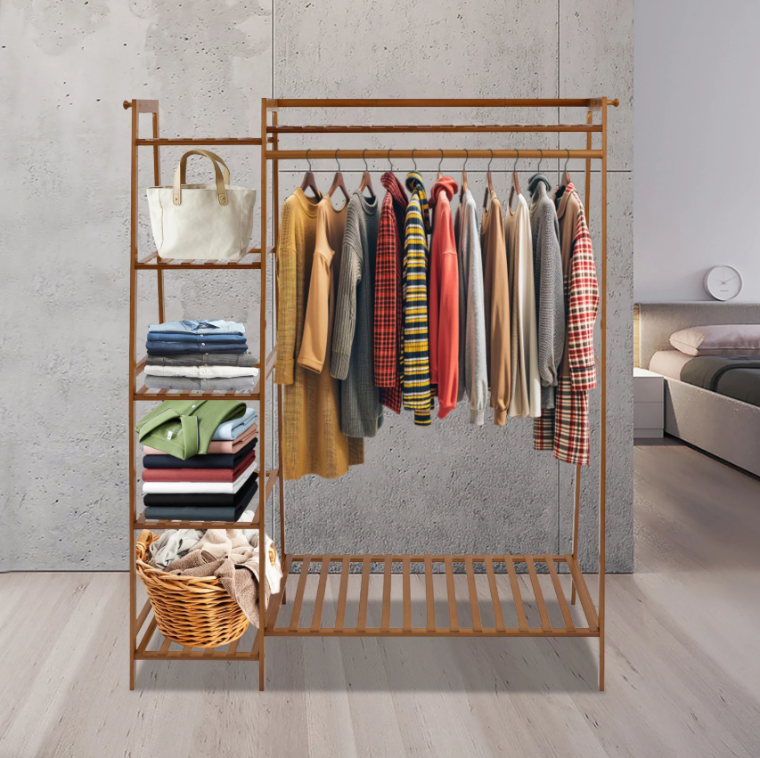Bamboe Kledingrek met Opbergplanken – Open Wardrobe 110×40×140 cm