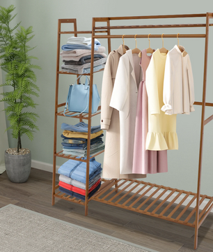 Bamboe Kledingrek met Opbergplanken – Open Wardrobe 110×40×140 cm