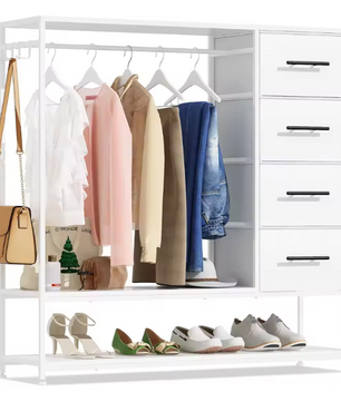 Open Kledingrek met 4 Lades – Metalen Frame en Kledingroede, Inclusief Zijhaken