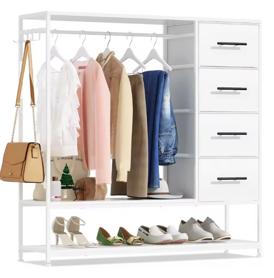 Open Kledingrek met 4 Lades – Metalen Frame en Kledingroede, Inclusief Zijhaken