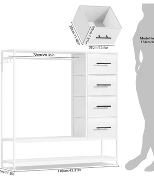Open Kledingrek met 4 Lades – Metalen Frame en Kledingroede, Inclusief Zijhaken