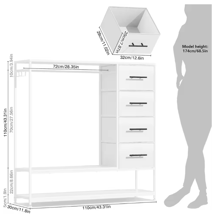 Open Kledingrek met 4 Lades – Metalen Frame en Kledingroede, Inclusief Zijhaken