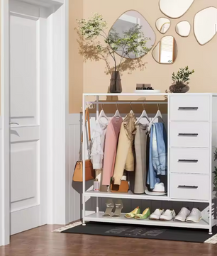 Open Kledingrek met 4 Lades – Metalen Frame en Kledingroede, Inclusief Zijhaken