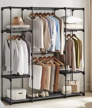 Open Kledingkast met 4 Hangvakken – Metalen Frame en Stoffen Planken