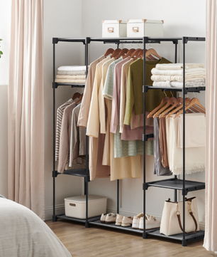 Open Kledingkast met 4 Hangvakken – Metalen Frame en Stoffen Planken