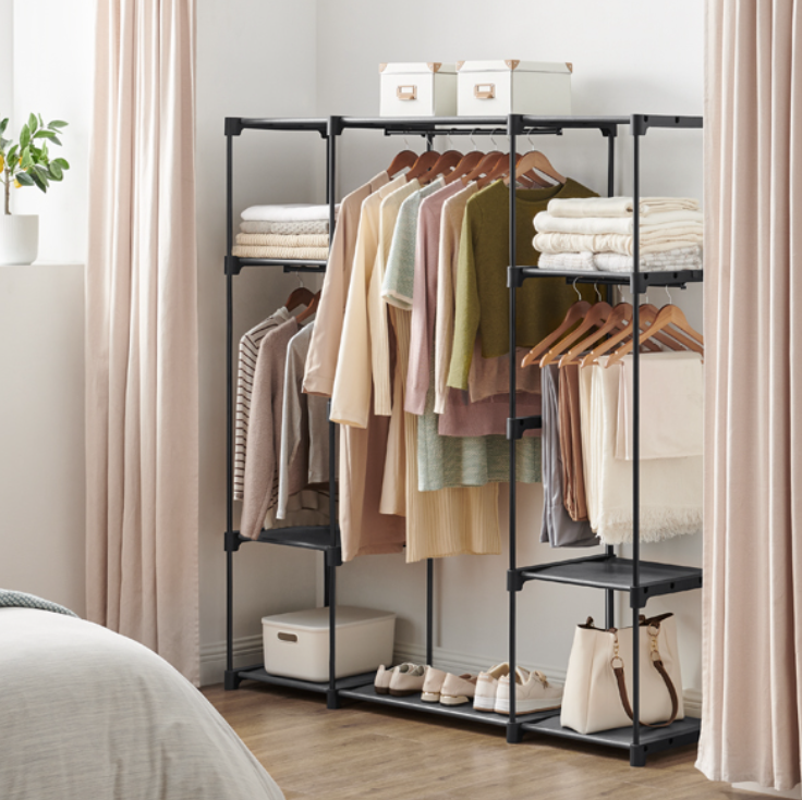 Open Kledingkast met 4 Hangvakken – Metalen Frame en Stoffen Planken