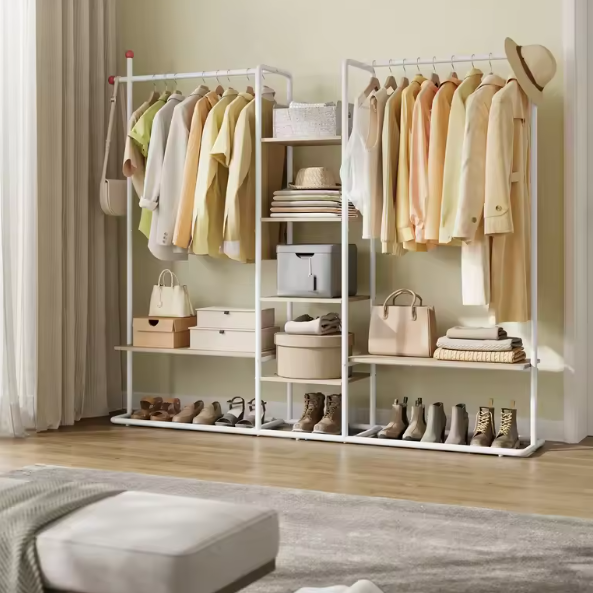 Open Kledingkast met 6 Planken – 2 Kledingroedes en Haakvormige Haken