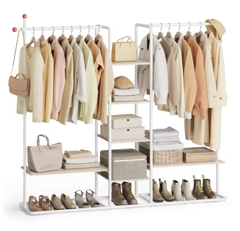 Open Kledingkast met 6 Planken – 2 Kledingroedes en Haakvormige Haken