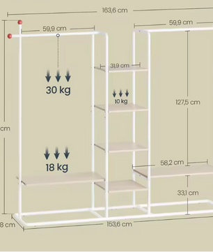 Open Kledingkast met 6 Planken – 2 Kledingroedes en Haakvormige Haken