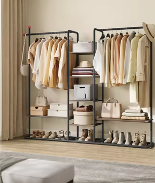 Open Kledingkast met 6 Planken – 2 Kledingroedes en Haakvormige Haken