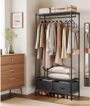 Open Kledingrek met Lades – Metalen Frame, Planken en Kledingroede
