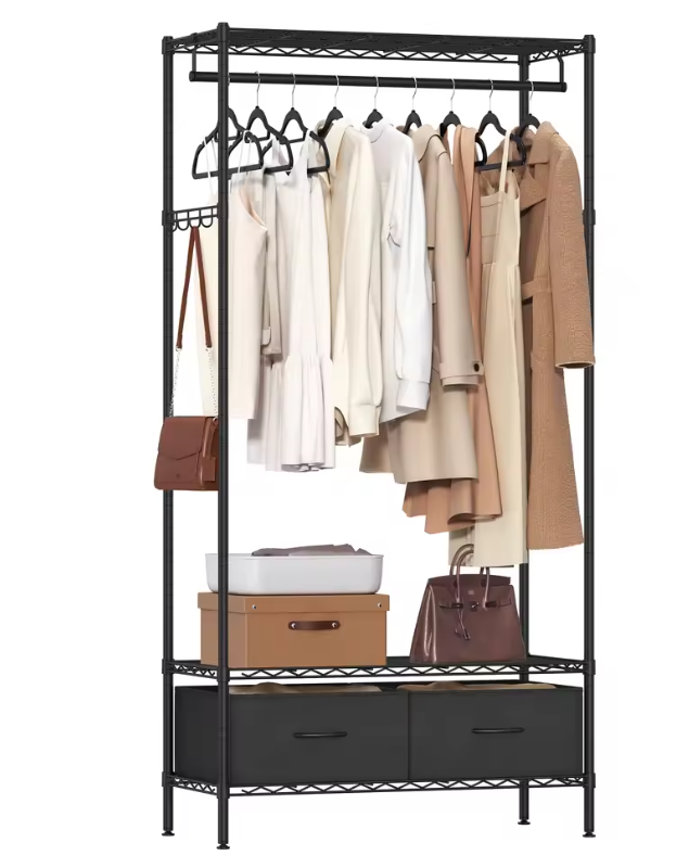Open Kledingrek met Lades – Metalen Frame, Planken en Kledingroede