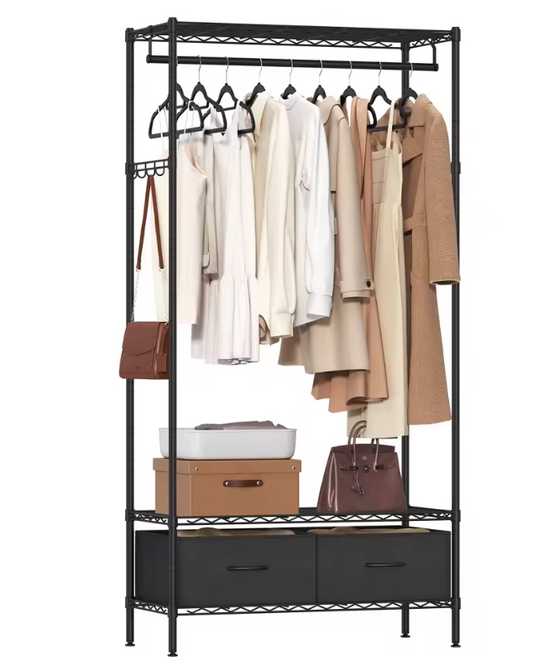 Open Kledingrek met Lades – Metalen Frame, Planken en Kledingroede