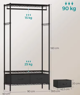 Open Kledingrek met Lades – Metalen Frame, Planken en Kledingroede