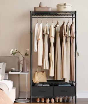 Open Kledingrek met Lades – Metalen Frame, Planken en Kledingroede