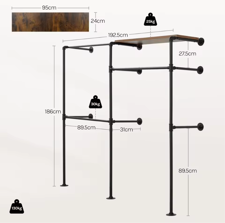Wandgemonteerde Open Kledingkast – Industrieel Design met Planken en Kledingroedes