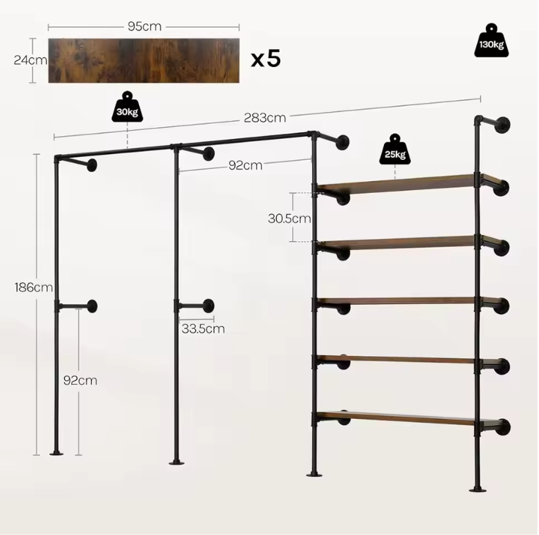 Wandgemonteerde Open Kledingkast – Industrieel Design met Planken en Kledingroedes