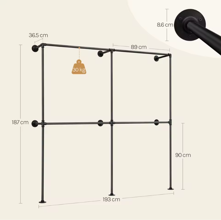 Wandgemonteerde Open Kledingkast – Industrieel Design met Planken en Kledingroedes