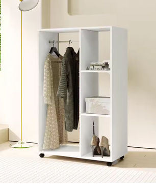 Mobiele Kledingkast met Wielen – Open Kast met Roede en 3 Planken