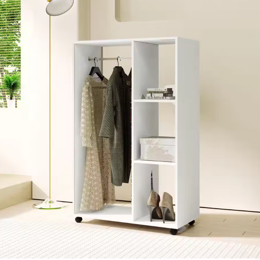 Mobiele Kledingkast met Wielen – Open Kast met Roede en 3 Planken