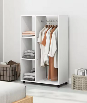 Mobiele Kledingkast met Wielen – Open Kast met Roede en 3 Planken