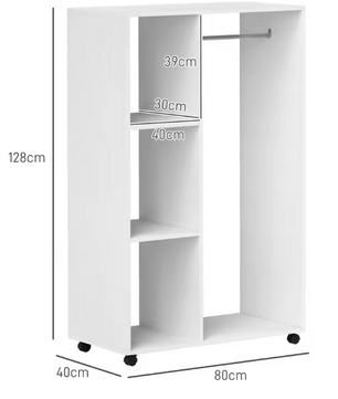 Mobiele Kledingkast met Wielen – Open Kast met Roede en 3 Planken