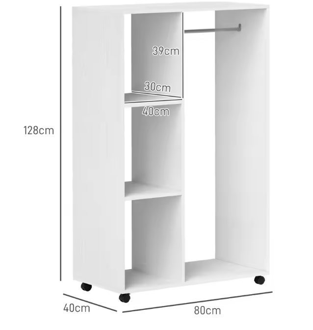Mobiele Kledingkast met Wielen – Open Kast met Roede en 3 Planken