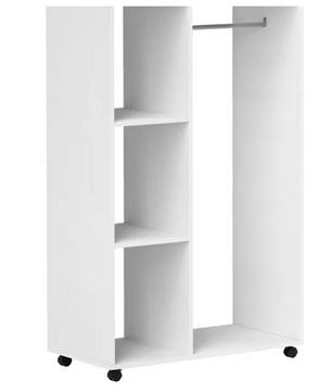 Mobiele Kledingkast met Wielen – Open Kast met Roede en 3 Planken