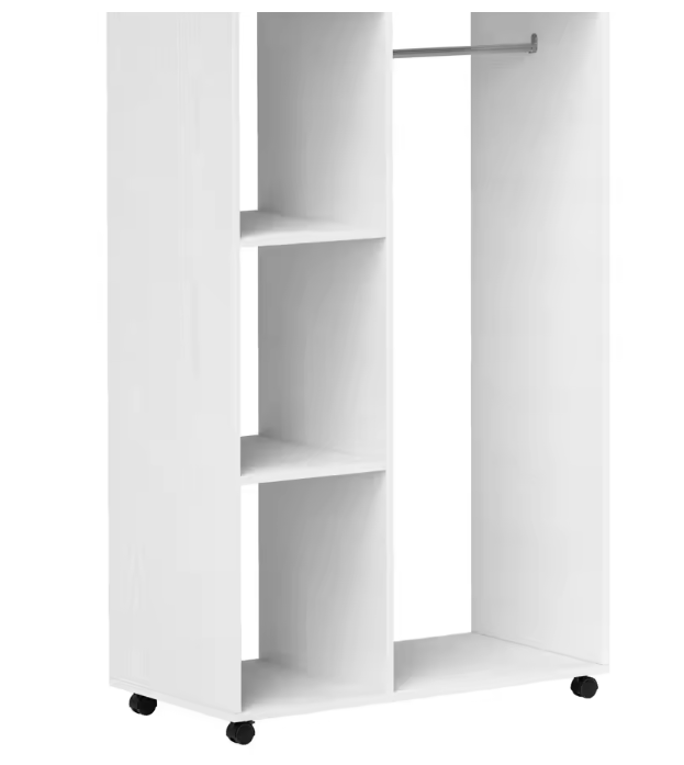Mobiele Kledingkast met Wielen – Open Kast met Roede en 3 Planken