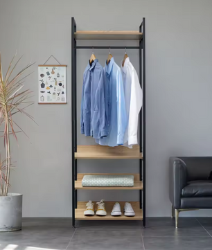 Kledingrek met 3 Planken – Hout en Staal, 170 cm Hoog