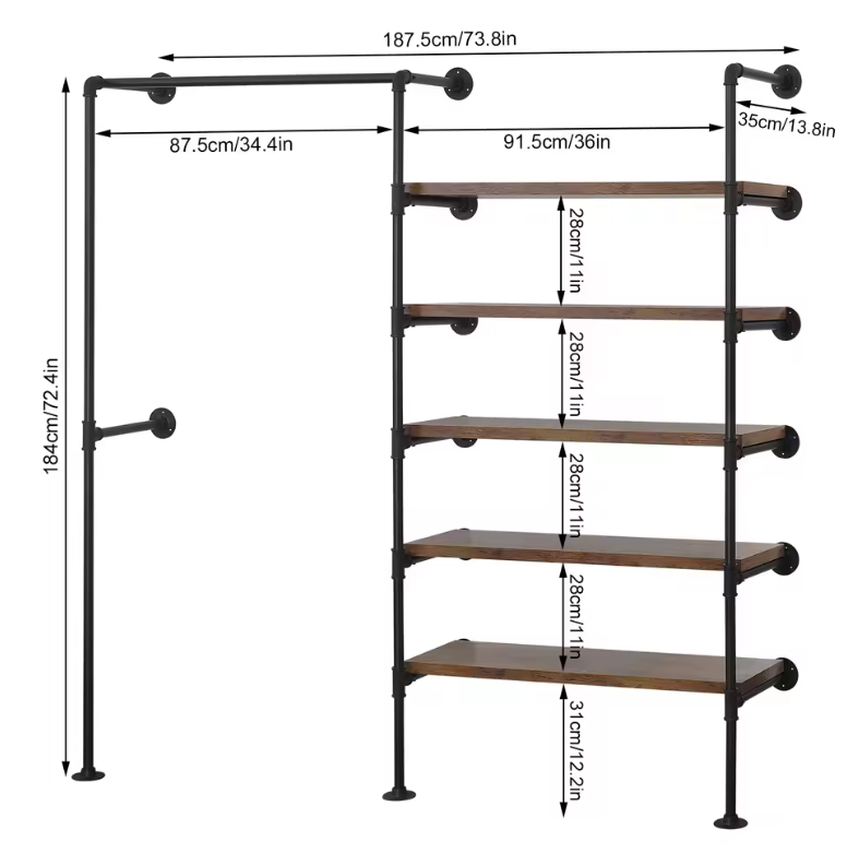 Industrieel Wandkledingrek met 5 Planken – 184 cm Hoog