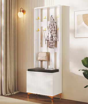 Wandkapstok met Kast, Bankje en Kussens – Moderne Haloplossing met Gouden Details, Wit