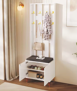 Wandkapstok met Kast, Bankje en Kussens – Moderne Haloplossing met Gouden Details, Wit