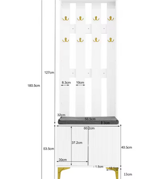 Wandkapstok met Kast, Bankje en Kussens – Moderne Haloplossing met Gouden Details, Wit